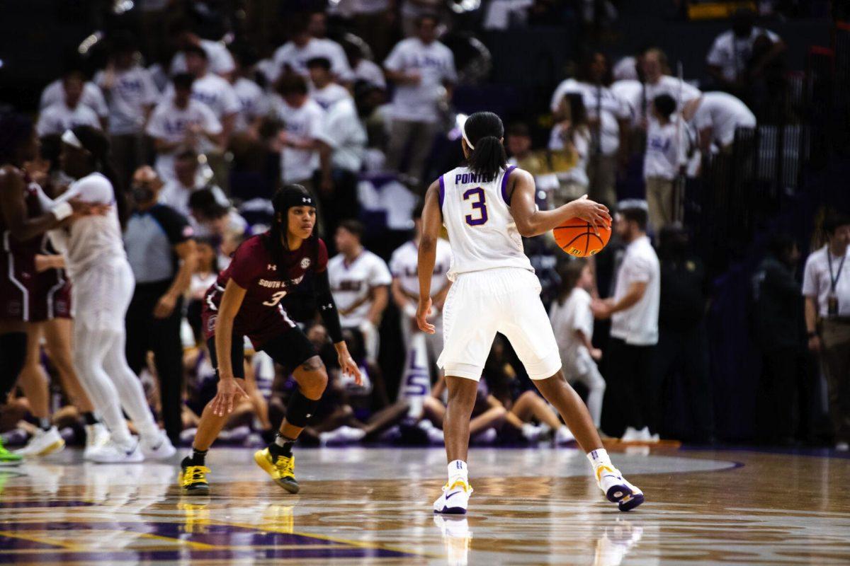 LSU women’s basketball graduate student guard Khayla Pointer (3) assesses the play Thursday, Jan. 06, 2022, during LSU’s 66-60 loss against South Carolina in the Pete Maravich Assembly Center on North Stadium Drive in Baton Rouge, La.