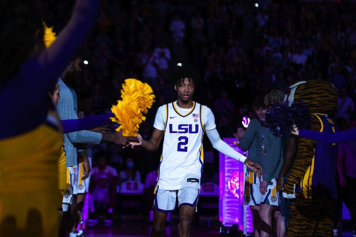 LSU men’s basketball sophomore guard Eric Gaines (2) claps hands with sophomore forward Tari Eason (13) as walks onto the court Saturday, Jan. 15, 2022, before LSU’s 65-58 loss against Arkansas in the Pete Maravich Assembly Center on North Stadium Drive in Baton Rouge, La.