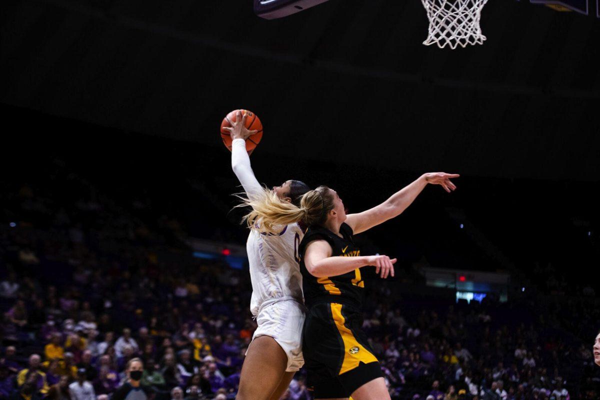 LSU women’s basketball graduate student forward Autumn Newby (0) grabs the rebound over a Missouri defender Thursday, Jan. 13, 2022, during LSU’s 87-85 overtime win against Missouri in the Pete Maravich Assembly Center on North Stadium Drive in Baton Rouge, La.