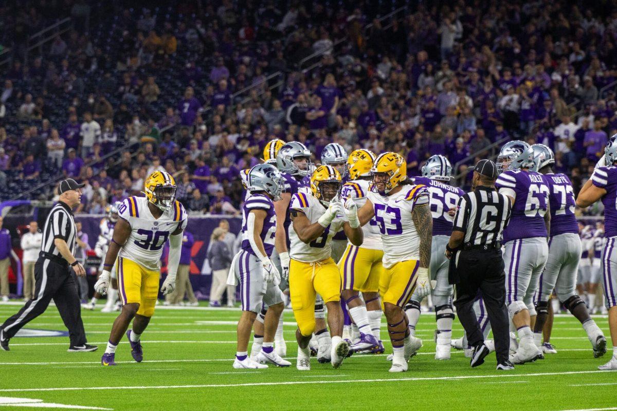 LSU football sophomore defensive end BJ Ojulari (8) celebrates after sacking the opposing quarterback Tuesday, Jan. 4, 2022, during LSU&#8217;s 42-20 loss against Kansas State at NRG Stadium in Houston, TX.