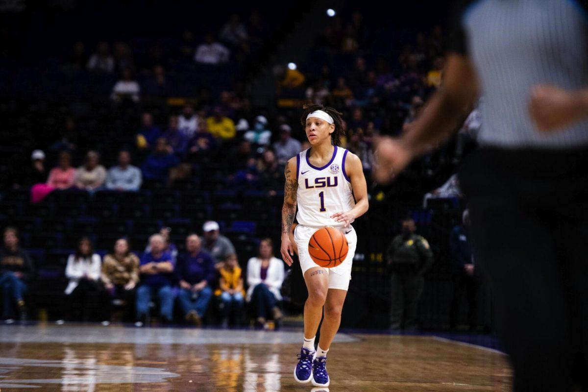 LSU women’s basketball graduate student guard Jailin Cherry (1) dribbles down the court Thursday, Jan. 13, 2022, during LSU’s 87-85 overtime win against Missouri in the Pete Maravich Assembly Center on North Stadium Drive in Baton Rouge, La.