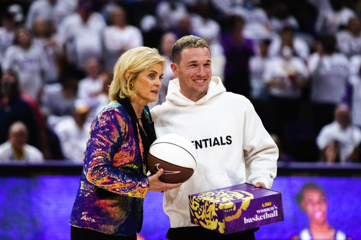 LSU women’s basketball head coach Kim Mulkey and Houston Astros third baseman Alex Bregman pose for a photo Thursday, Jan. 06, 2022, during LSU’s 66-60 loss against South Carolina in the Pete Maravich Assembly Center on North Stadium Drive in Baton Rouge, La.