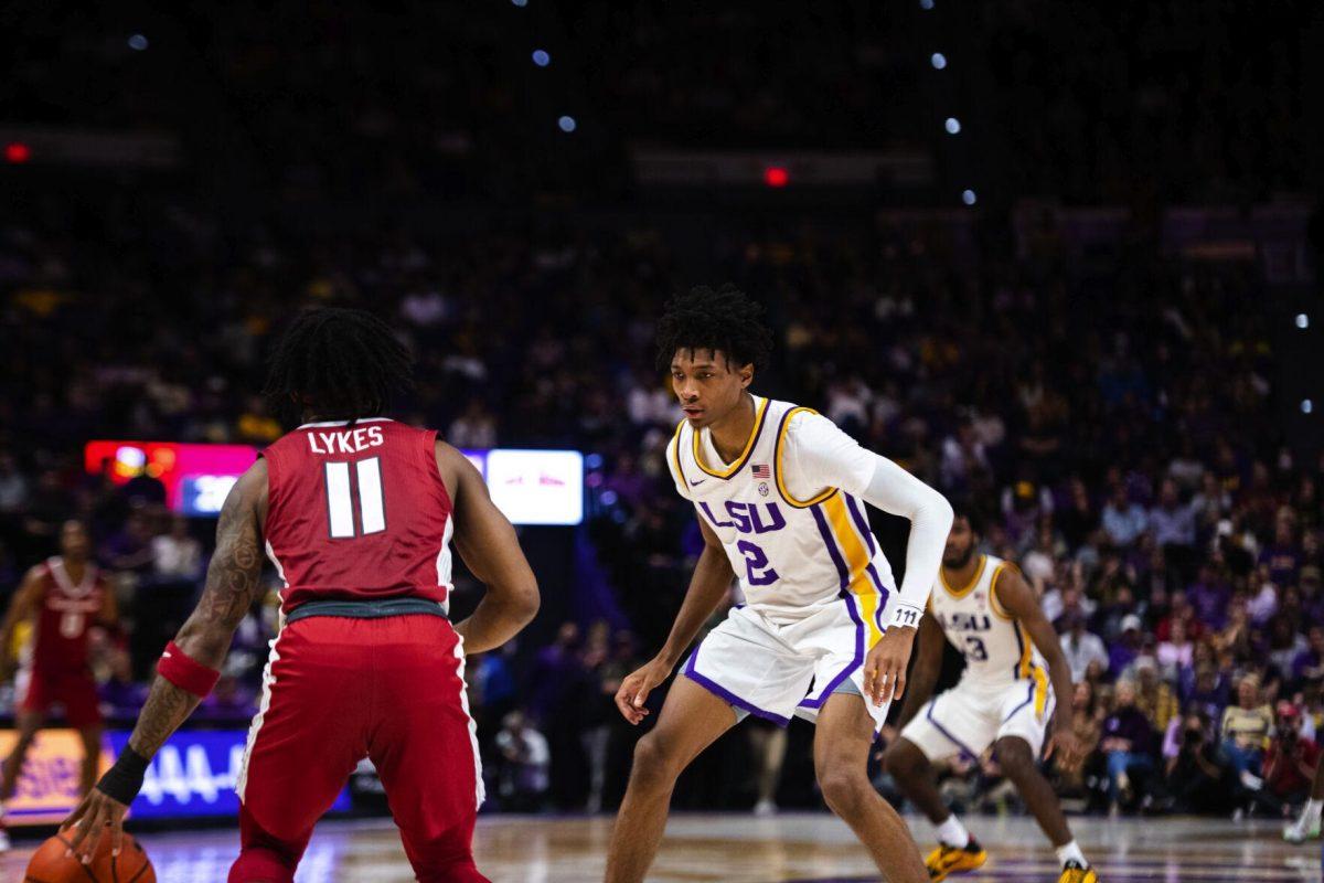 LSU men’s basketball sophomore guard Eric Gaines (2) gets in a defensive stance Saturday, Jan. 15, 2022, during LSU’s 65-58 loss against Arkansas in the Pete Maravich Assembly Center on North Stadium Drive in Baton Rouge, La