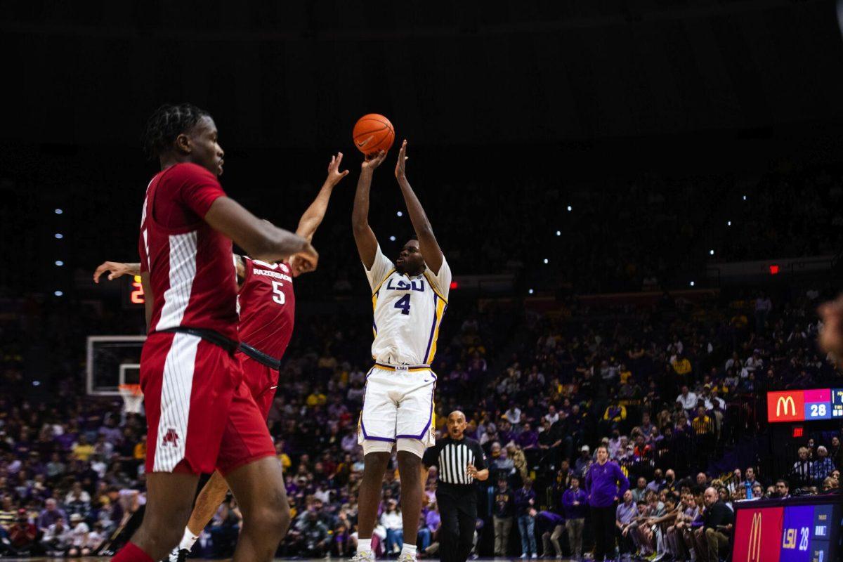 LSU men’s basketball senior forward Darius Days (4) shoots a jump shot Saturday, Jan. 15, 2022, during LSU’s 65-58 loss against Arkansas in the Pete Maravich Assembly Center on North Stadium Drive in Baton Rouge, La.
