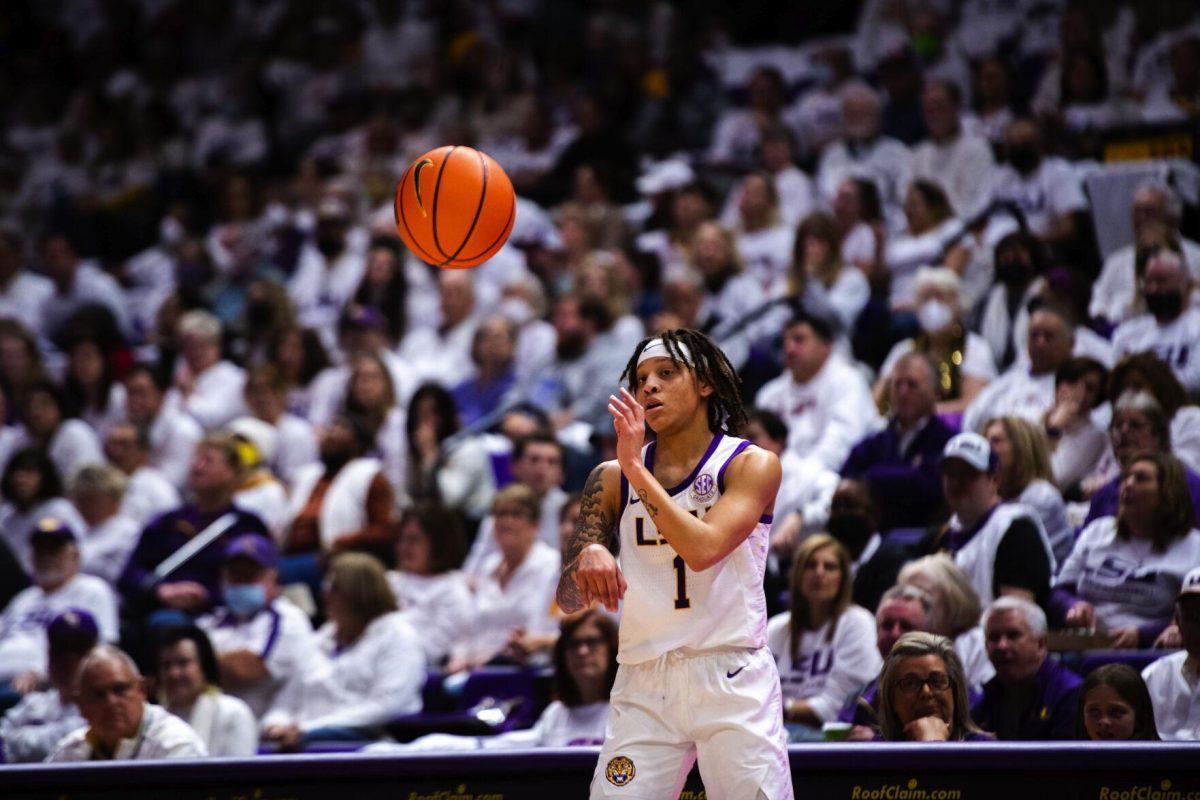 LSU women’s basketball graduate student guard Jailin Cherry (1) inbounds the ball Thursday, Jan. 06, 2022, during LSU’s 66-60 loss against South Carolina in the Pete Maravich Assembly Center on North Stadium Drive in Baton Rouge, La.