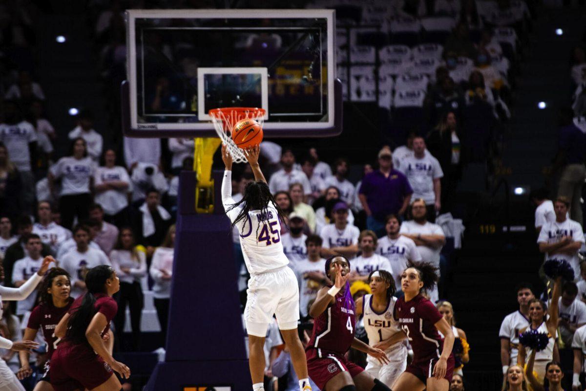 LSU women’s basketball fifth year senior guard Alexis Morris (45) shoots a jump shot Thursday, Jan. 06, 2022, during LSU’s 66-60 loss against South Carolina in the Pete Maravich Assembly Center on North Stadium Drive in Baton Rouge, La.
