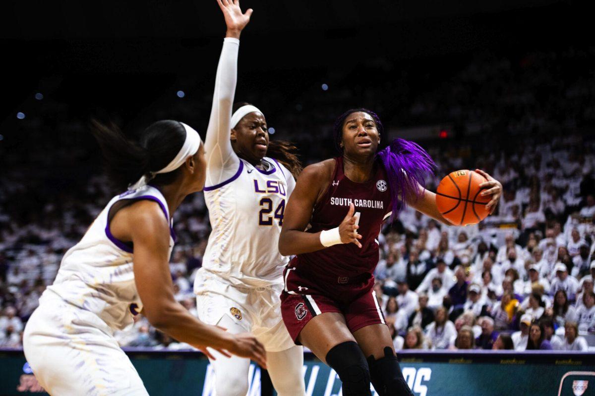 LSU women’s basketball graduate student center Faustine Aifuwa (24) defends South Carolina women’s basketball junior forward Aliyah Boston (4) Thursday, Jan. 06, 2022, during LSU’s 66-60 loss against South Carolina in the Pete Maravich Assembly Center on North Stadium Drive in Baton Rouge, La.