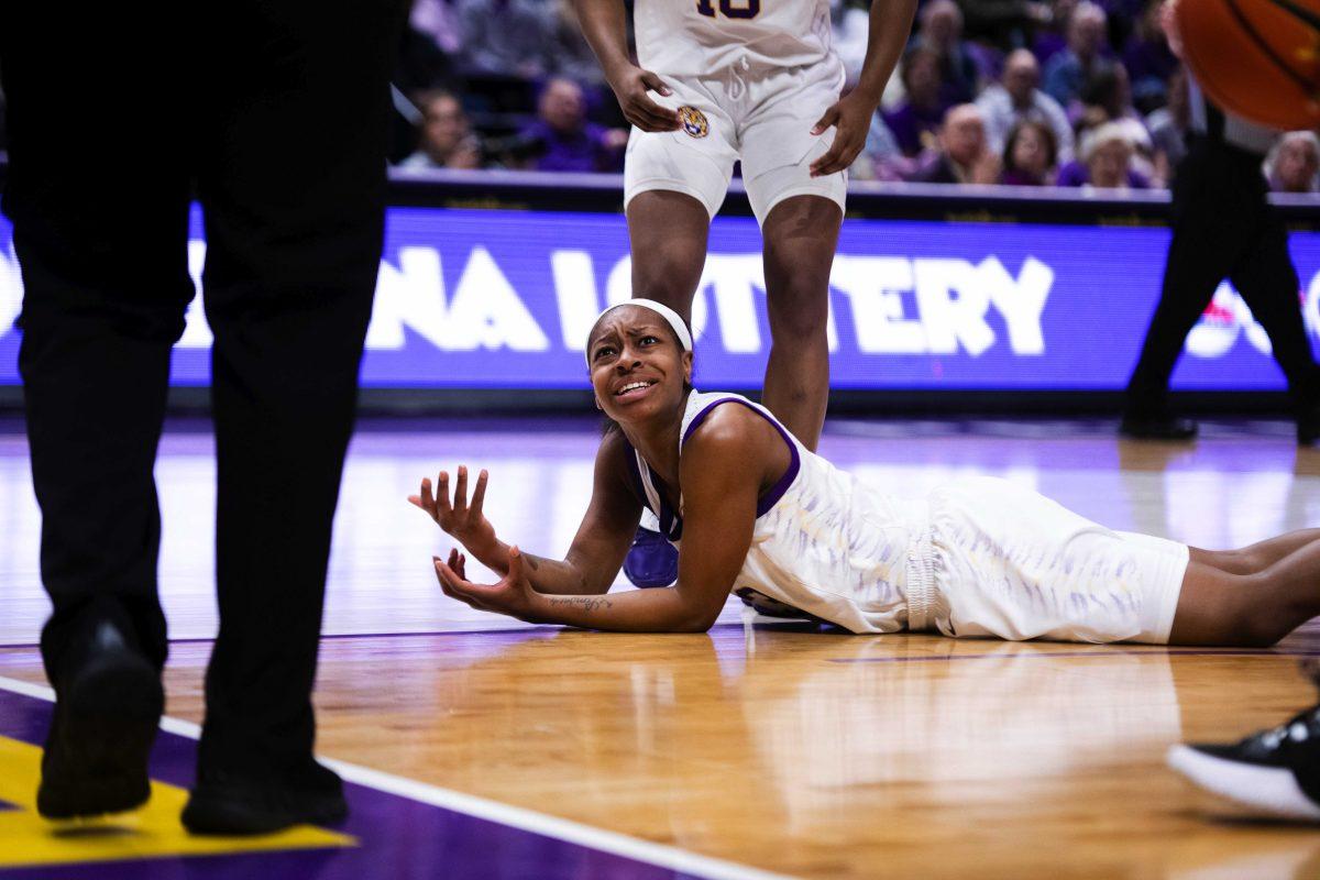 LSU women&#8217;s basketball graduate student guard Khayla Pointer (3) looks to the referee Sunday, Jan. 16, 2022, during LSU&#8217;s 82-64 win against Vanderbilt in the Pete Maravich Assembly Center on North Stadium Drive in Baton Rouge, La.