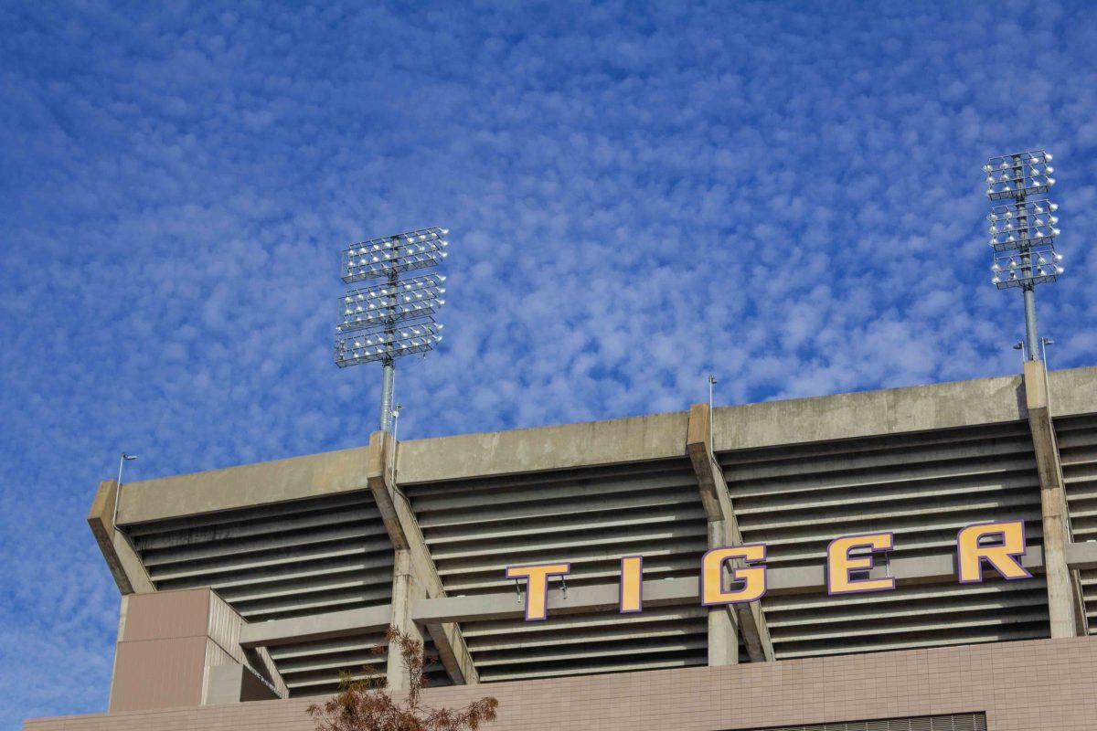 Clouds in the shape of cotton dance across the sky Tuesday, Nov. 30, 2021, forming a backdrop behind Tiger Stadium.