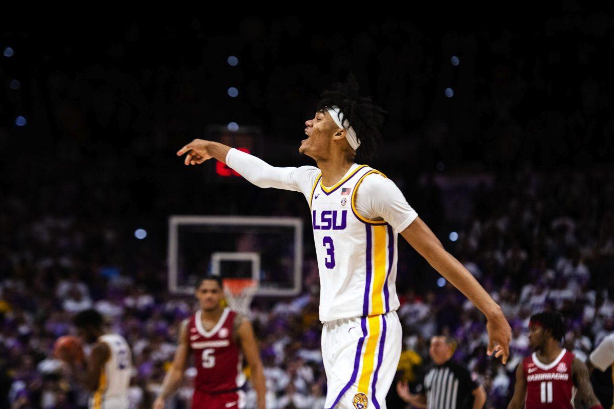 LSU men’s basketball freshman forward Alex Fudge (3) celebrates Saturday, Jan. 15, 2022, during LSU’s 65-58 loss against Arkansas in the Pete Maravich Assembly Center on North Stadium Drive in Baton Rouge, La.