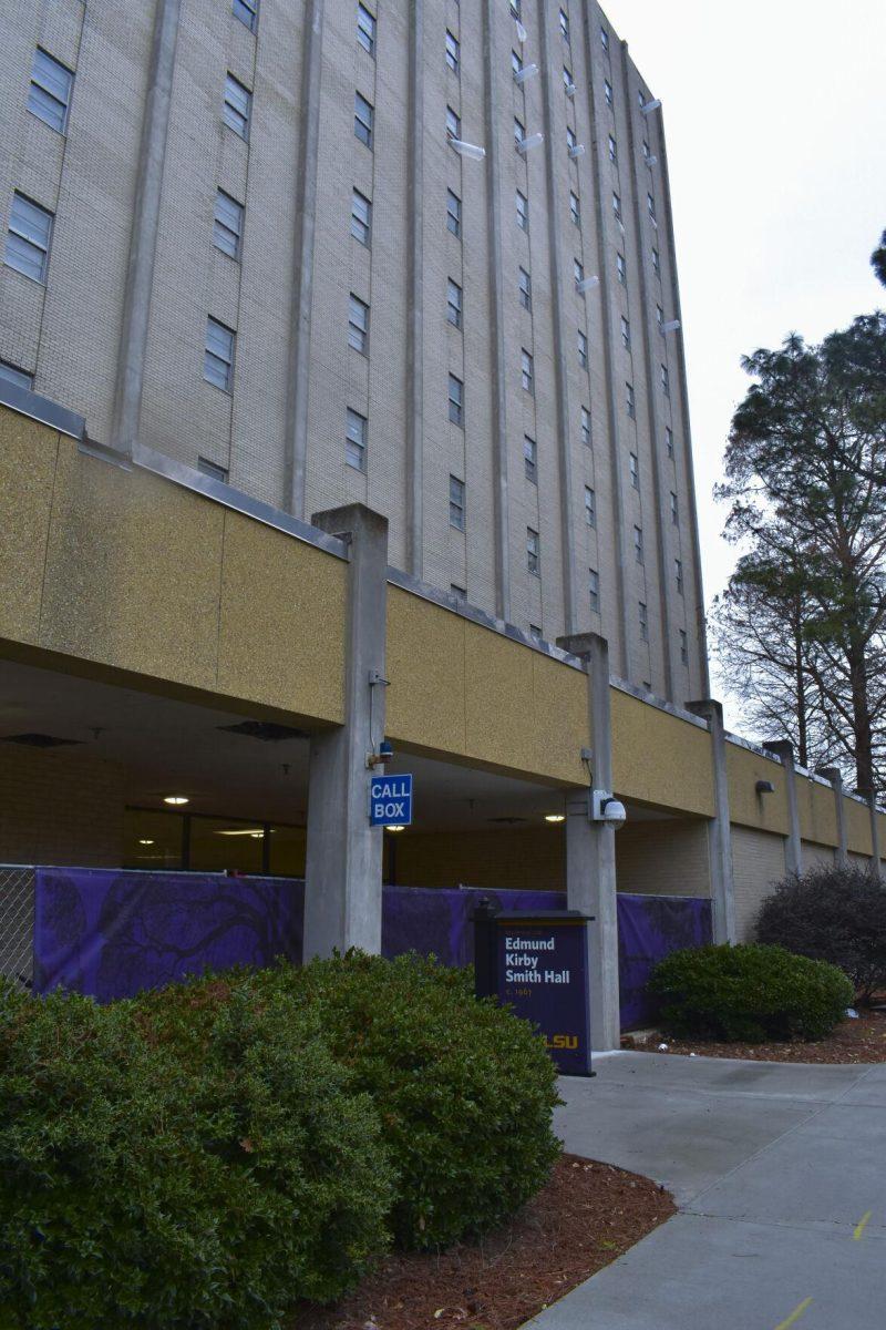 The main entrance of Edmund Kirby Smith Hall is blocked on Monday, Jan. 24, 2022, by a fence at the beginning of its demolition on Aster Street at LSU.