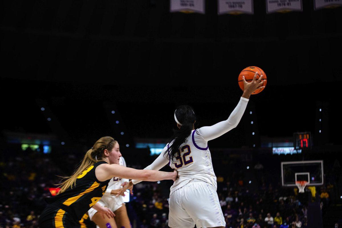 LSU women’s basketball fifth year senior forward and guard Awa Trasi (32) catches a pass Thursday, Jan. 13, 2022, during LSU’s 87-85 overtime win against Missouri in the Pete Maravich Assembly Center on North Stadium Drive in Baton Rouge, La.