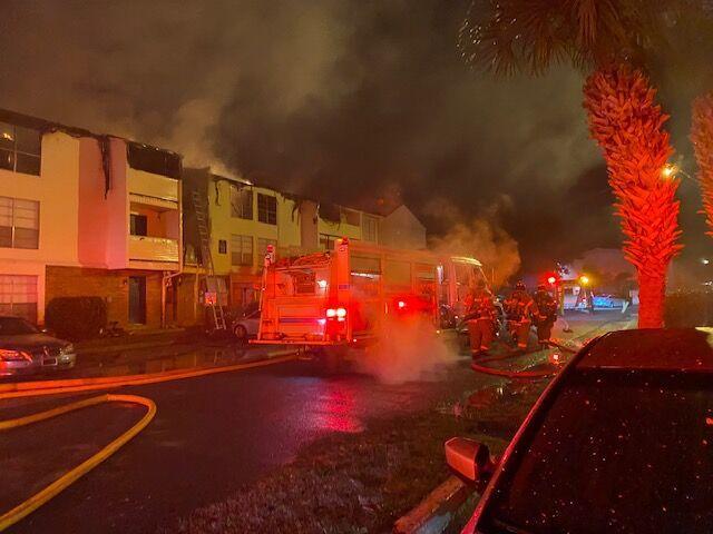 Baton Rouge firefighters respond to a large apartment fire at the Bradshaw Apartment Homes Friday night.&#160;