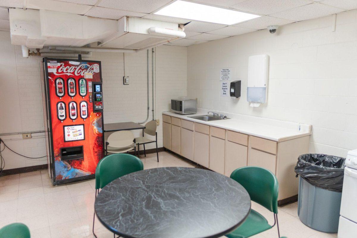 A drink machine sits against the wall on Saturday, Jan. 29, 2022, in the basement of Herget Hall on Campus Lake Road in Baton Rouge, La.