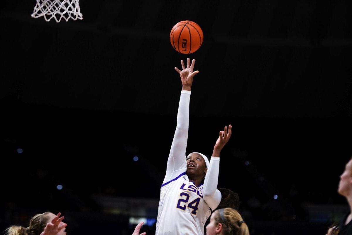 LSU women’s basketball graduate student center Faustine Aifuwa (24) shoots a floater Thursday, Jan. 13, 2022, during LSU’s 87-85 overtime win against Missouri in the Pete Maravich Assembly Center on North Stadium Drive in Baton Rouge, La.