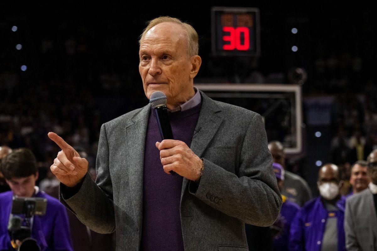 Longtime LSU basketball coach Dale Brown speaks Tuesday, Jan. 04, 2022, during LSU&#8217;s 56-50 win against Kentucky in the Pete Maravich Assembly Center on North Stadium Drive in Baton Rouge, La.