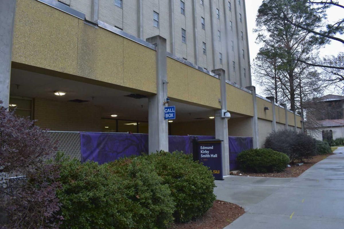 The main entrance of Edmund Kirby Smith Hall is blocked on Monday, Jan. 24, 2022, by a fence at the beginning of its demolition on Aster Street at LSU.