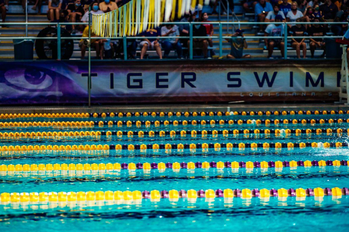 The LSU Tiger Swim logo hangs Saturday, Oct. 9, 2021, behind the pool during LSU's win over GCU at the LSU Natatorium in Baton Rouge, La.