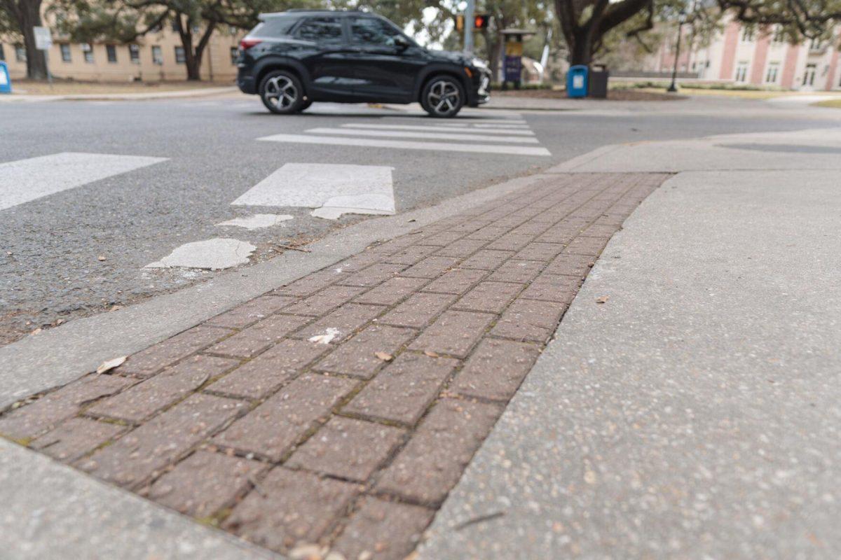 A rumble strip sits on the edge of the sidewalk on Monday, Jan. 24, 2022, on Highland Road in Baton Rouge, La.