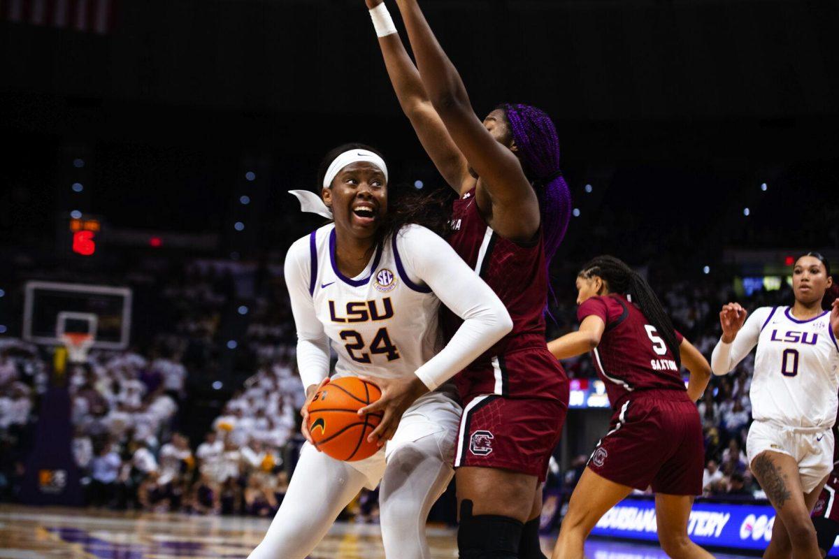 LSU women’s basketball graduate student center Faustine Aifuwa (24) fights for offensive positioning Thursday, Jan. 06, 2022, during LSU’s 66-60 loss against South Carolina in the Pete Maravich Assembly Center on North Stadium Drive in Baton Rouge, La.