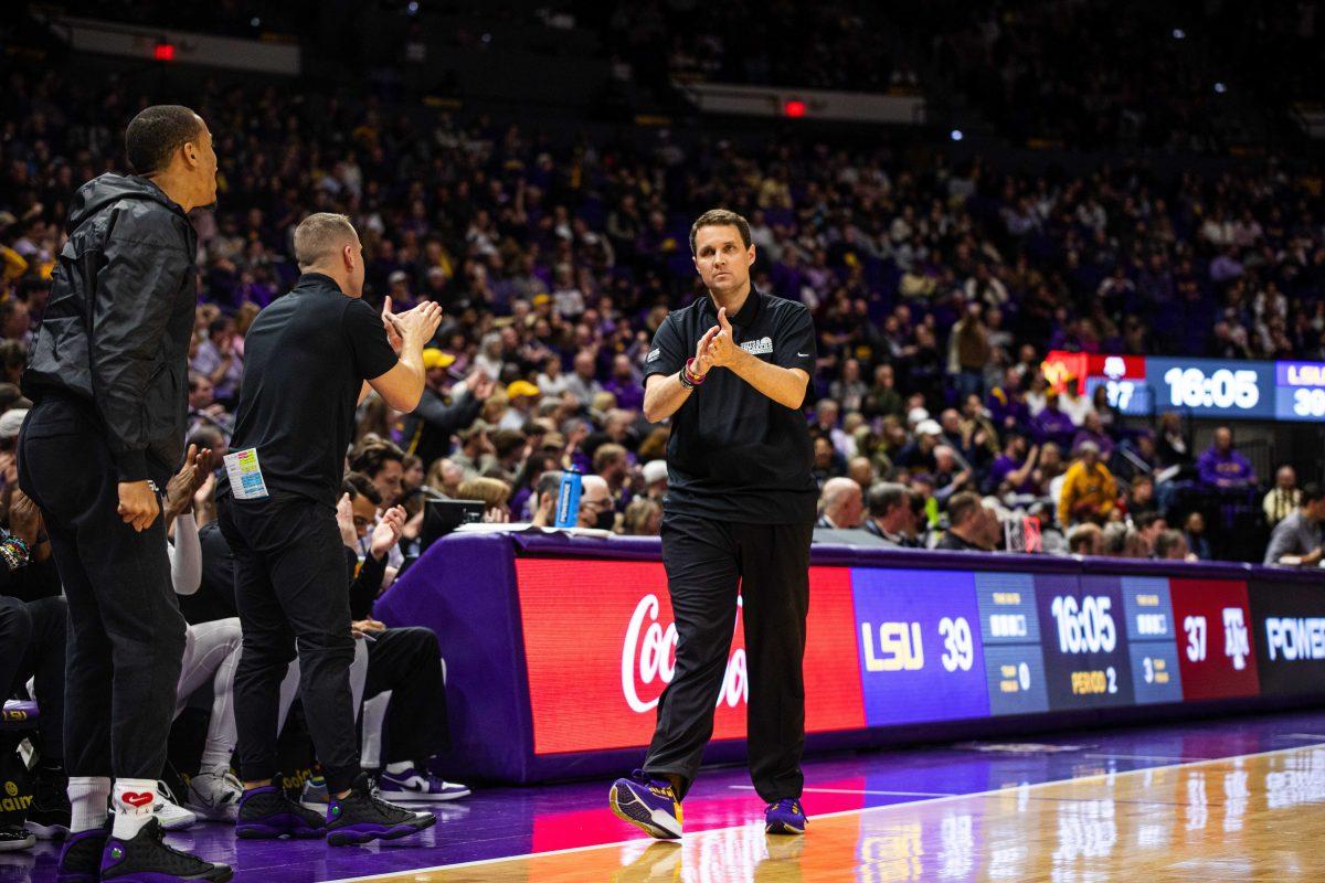 LSU men&#8217;s basketball head coach Will Wade claps after the LSU men&#8217;s basketball team steals the ball Wednesday, Jan. 26, 2022, during LSU&#8217;s 70-64 win against Texas A&amp;M in the Pete Maravich Assembly Center on North Stadium Drive in Baton Rouge, La