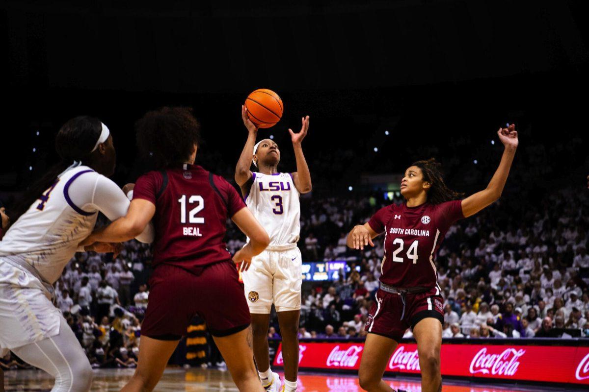 LSU women’s basketball graduate student guard Khayla Pointer (3) prepares to shoot a shot Thursday, Jan. 06, 2022, during LSU’s 66-60 loss against South Carolina in the Pete Maravich Assembly Center on North Stadium Drive in Baton Rouge, La.