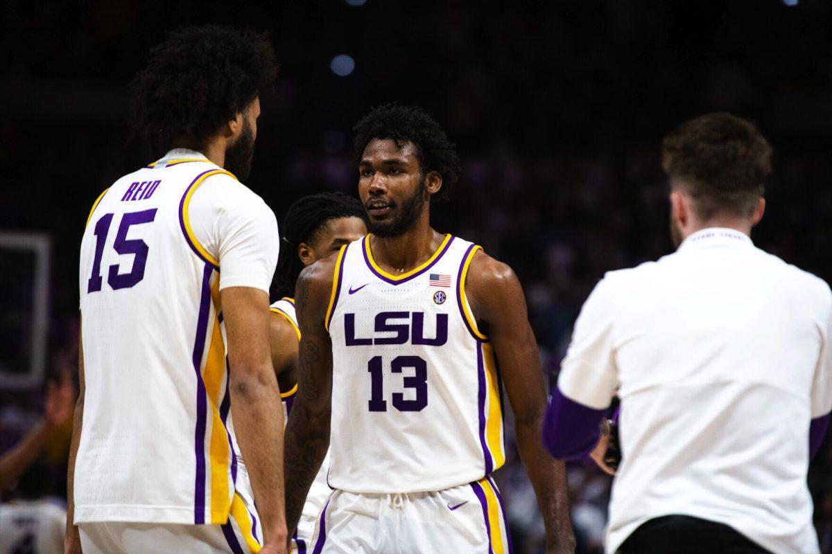 LSU men’s basketball sophomore forward Tari Eason (13) smiles after he scores Jan. 15, 2022, during LSU’s 65-58 loss against Arkansas in the Pete Maravich Assembly Center on North Stadium Drive in Baton Rouge, La.