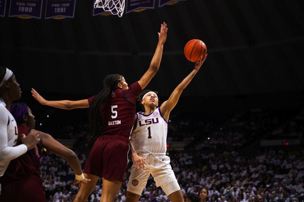 LSU women’s basketball graduate student guard Jailin Cherry (1) attempts to shoot a layup Thursday, Jan. 06, 2022, duringLSU’s 66-60 loss against South Carolina in the Pete Maravich Assembly Center on North Stadium Drive in Baton Rouge, La.
