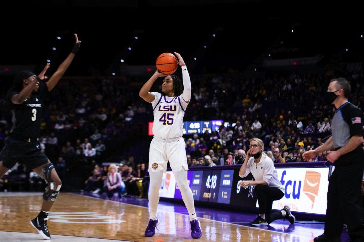 LSU women’s basketball fifth year senior guard Alexis Morris (45) prepares to shoot a jump shot Sunday, Jan. 16, 2022, during LSU’s 82-64 win against Vanderbilt in the Pete Maravich Assembly Center on North Stadium Drive in Baton Rouge, La.
