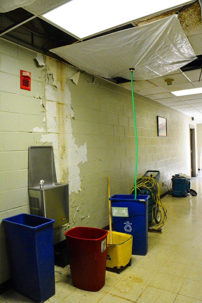 The hallways throughout the Renewable Natural Resources Building have tarps covering the ceiling to catch the water to pour in the buckets Thursday, Jan. 13, 2022, on Ag Center Lane in Baton Rouge, La.