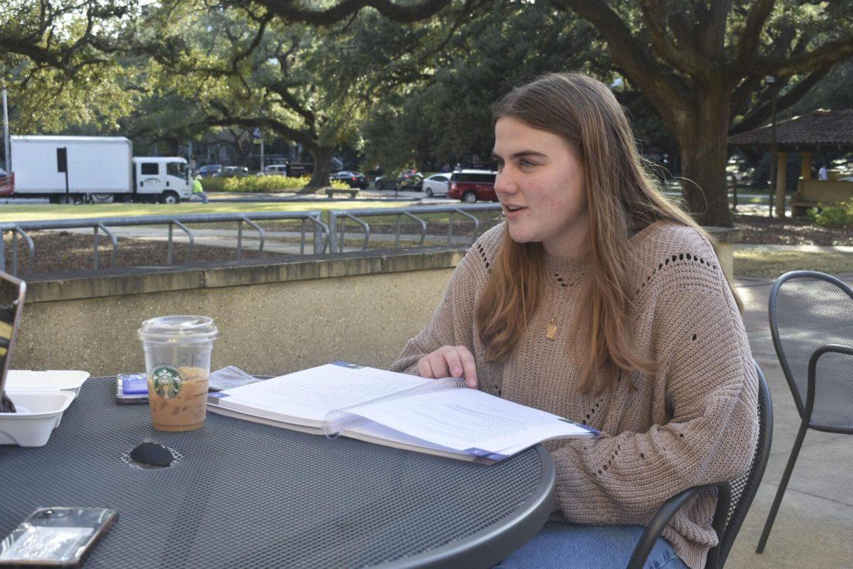 LSU Animal Sciences freshman Jordan McNair talks to another LSU student Tuesday, Jan. 18, 2022, outside Barnes and Nobles on 2 Union Square in Baton Rouge, La.