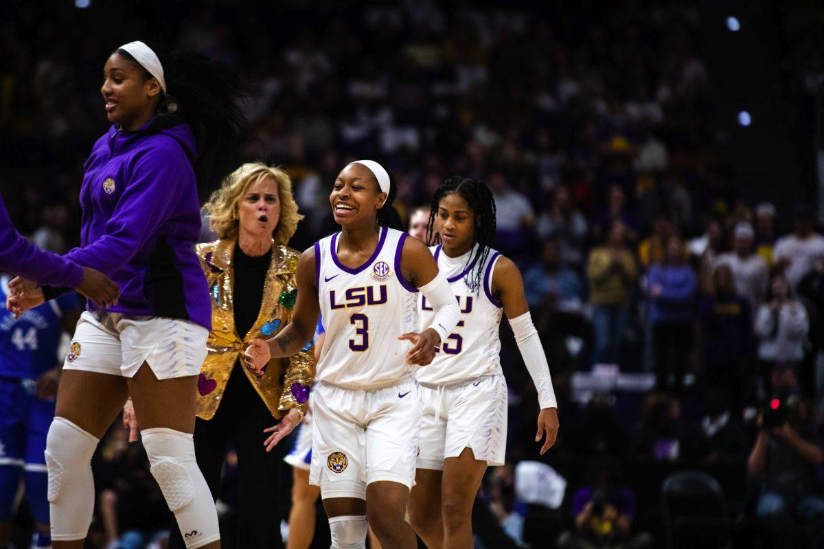 LSU women&#8217;s basketball graduate student guard Khayla Pointer (3) smiles as she jogs off the court Sunday, Jan. 30, 2022, during LSU&#8217;s 78-69 win against Kentucky in the Pete Maravich Assembly Center on North Stadium Drive in Baton Rouge, La.