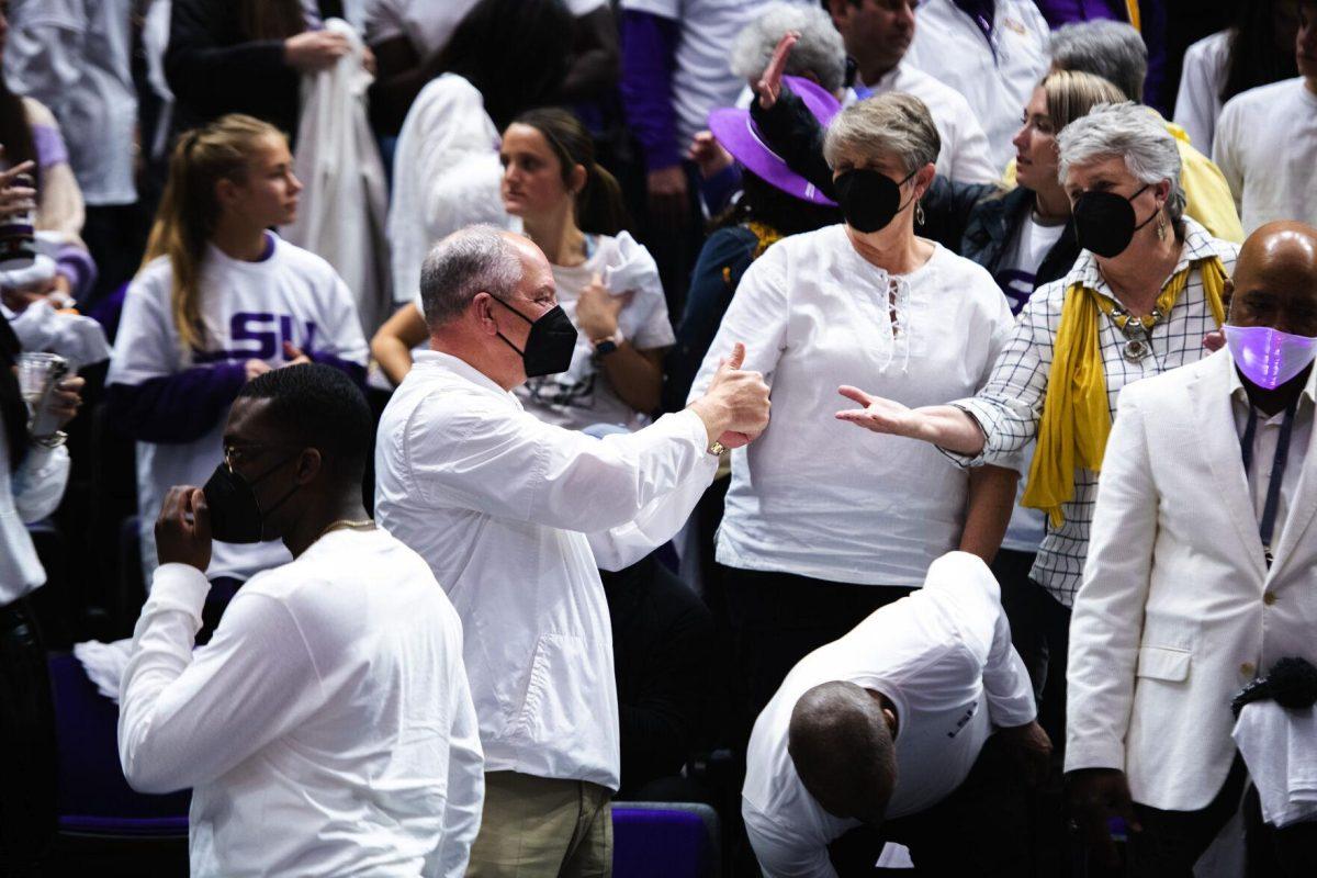Louisiana Governor John Bel Edwards raises a thumbs up Thursday, Jan. 06, 2022, duringLSU’s 66-60 loss against South Carolina in the Pete Maravich Assembly Center on North Stadium Drive in Baton Rouge, La.