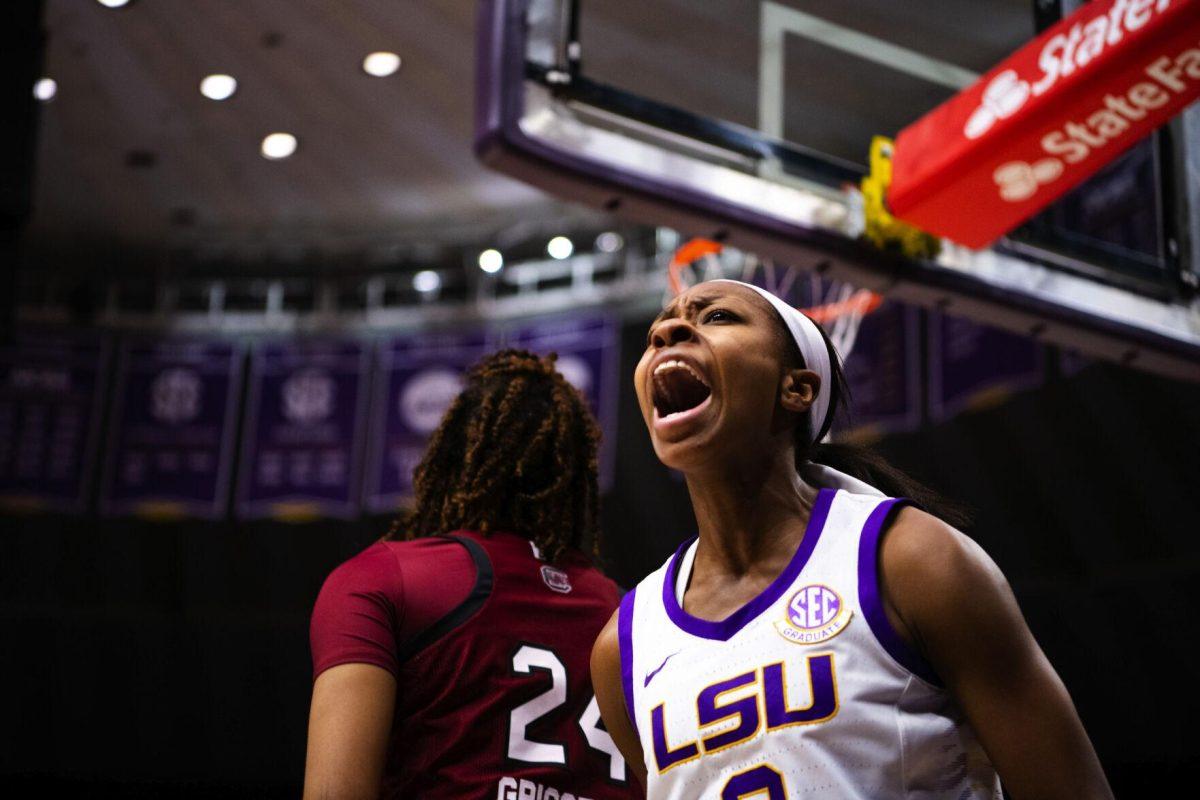 LSU women’s basketball graduate student guard Khayla Pointer (3) celebrates after getting an and-one Thursday, Jan. 06, 2022, during LSU’s 66-60 loss against South Carolina in the Pete Maravich Assembly Center on North Stadium Drive in Baton Rouge, La.