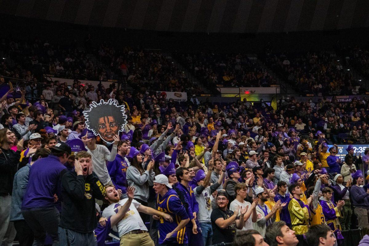 The LSU student section goes wild after LSU scores Tuesday, Jan. 04, 2022, during LSU&#8217;s 56-50 win against Kentucky in the Pete Maravich Assembly Center on North Stadium Drive in Baton Rouge, La.