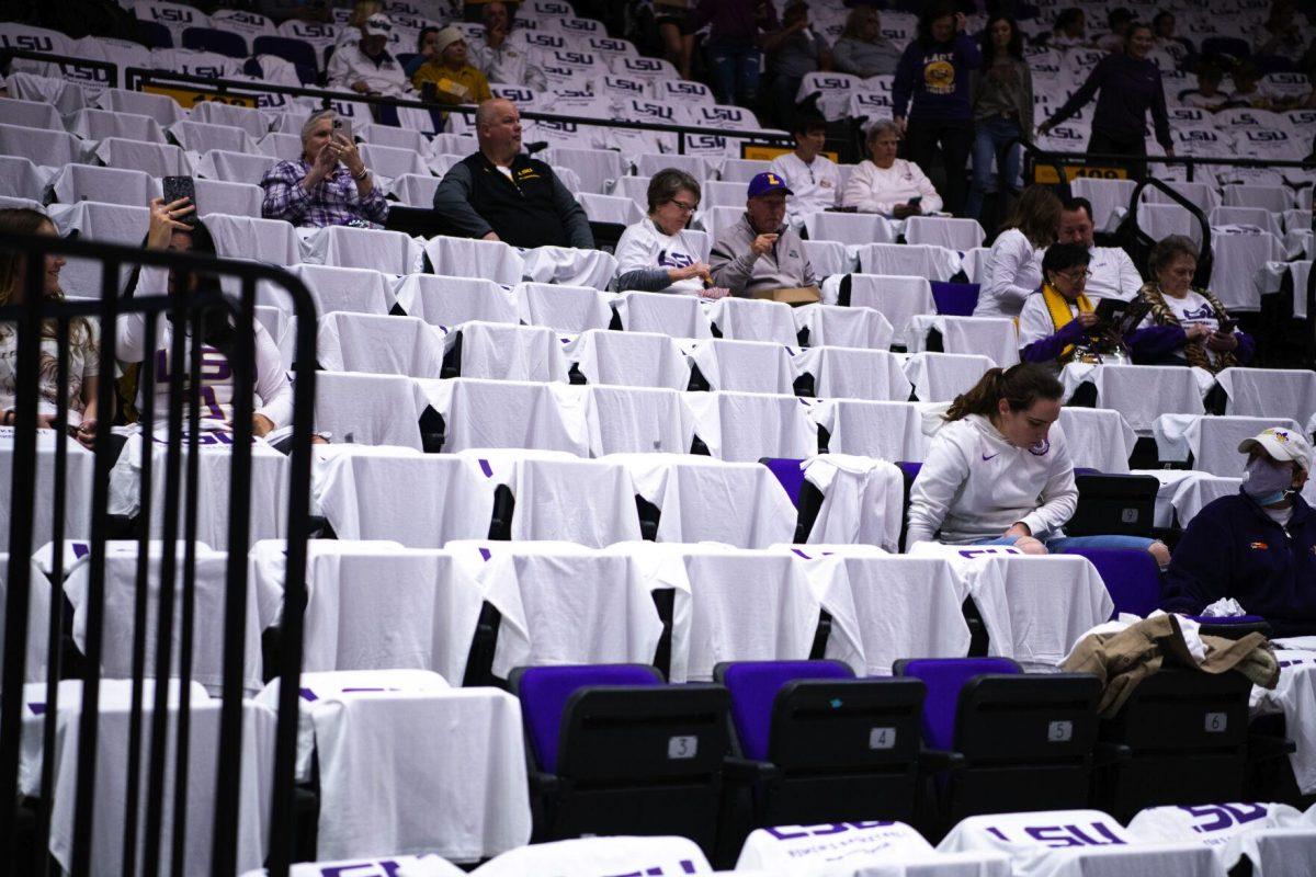 White shirts line the entire stadium for the "white-out" game Thursday, Jan. 06, 2022, before LSU’s 66-60 loss against South Carolina in the Pete Maravich Assembly Center on North Stadium Drive in Baton Rouge, La.