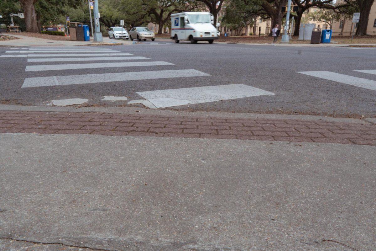 A rumble strip sits on the edge of the sidewalk on Monday, Jan. 24, 2022, on Highland Road in Baton Rouge, La.