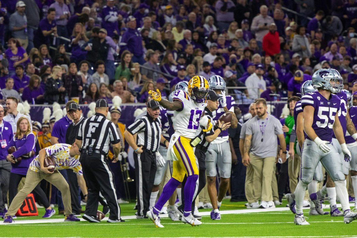 LSU football senior wide receiver Jontre Kirklin (13) celebrates after converting a fourth down Tuesday, Jan. 4, 2022, during LSU&#8217;s 42-20 loss against Kansas State at NRG Stadium in Houston, TX.