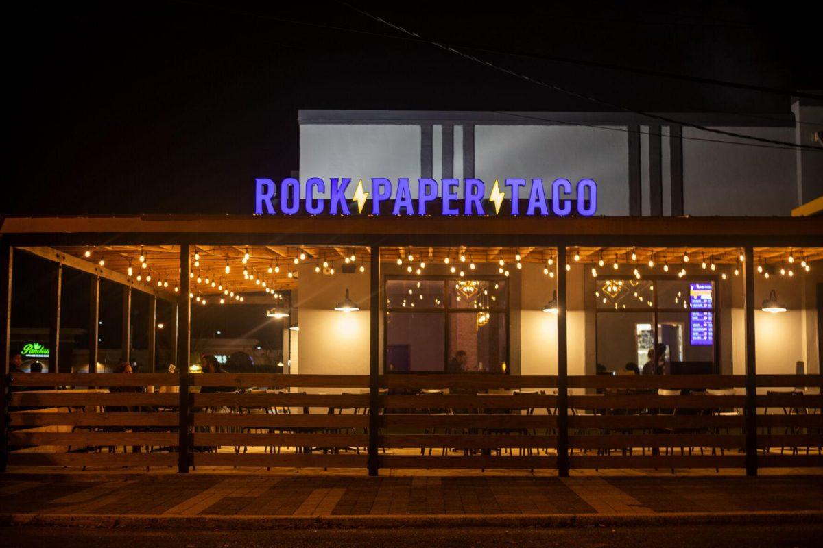 The Rock Paper Taco Sign resides above the entrance Tuesday, Jan. 18, 2022, at Rock Paper Taco on 166 W Chimes St. in Baton Rouge, La.