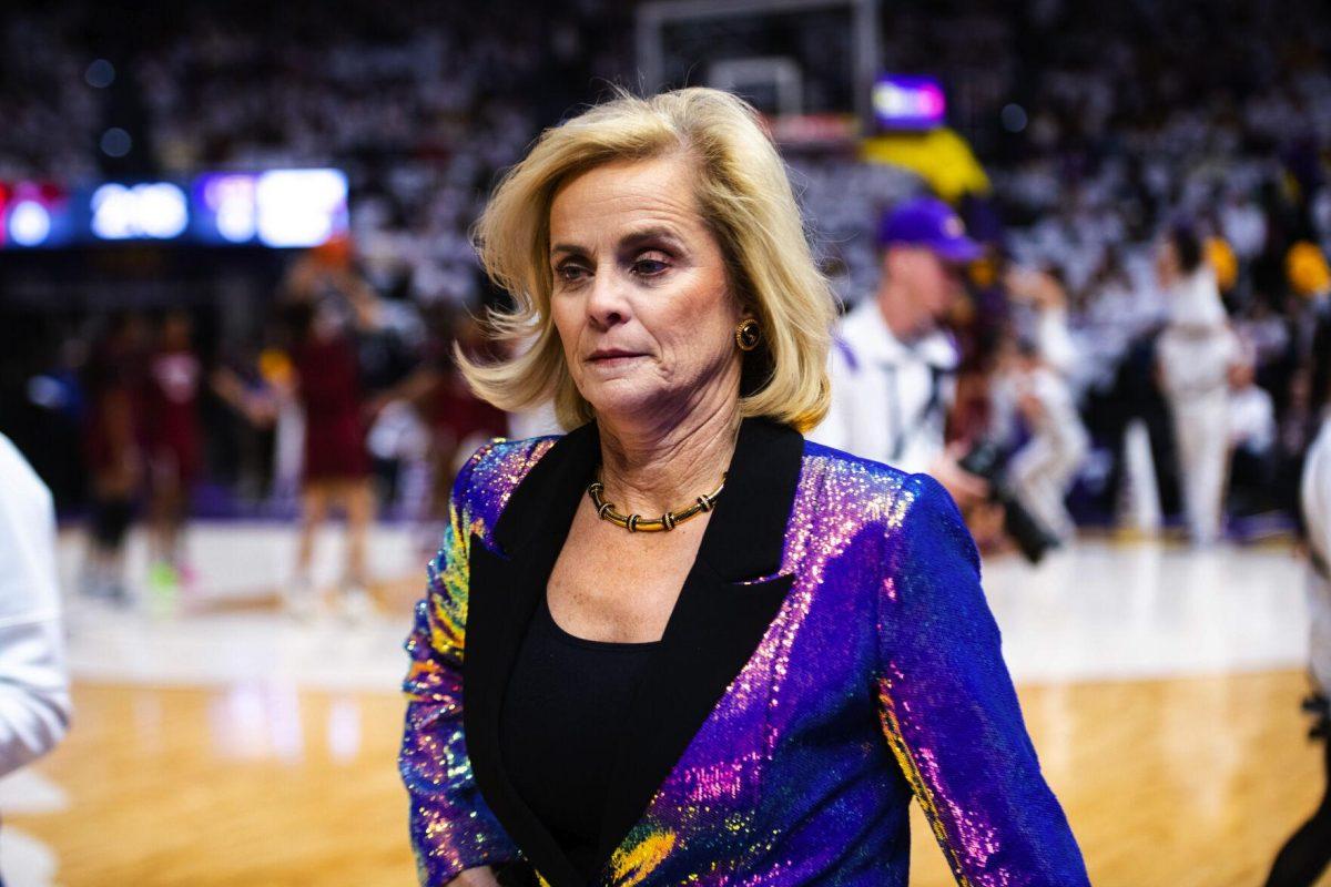 LSU women’s basketball head coach Kim Mulkey walks onto the court Thursday, Jan. 06, 2022, before LSU’s 66-60 loss against South Carolina in the Pete Maravich Assembly Center on North Stadium Drive in Baton Rouge, La.