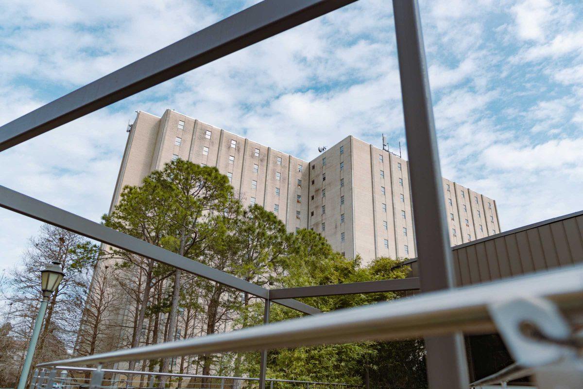 Kirby-Smith Hall climbs into the sky on Monday, Jan. 24, 2022, on the west side of LSU&#8217;s campus in Baton Rouge, La.