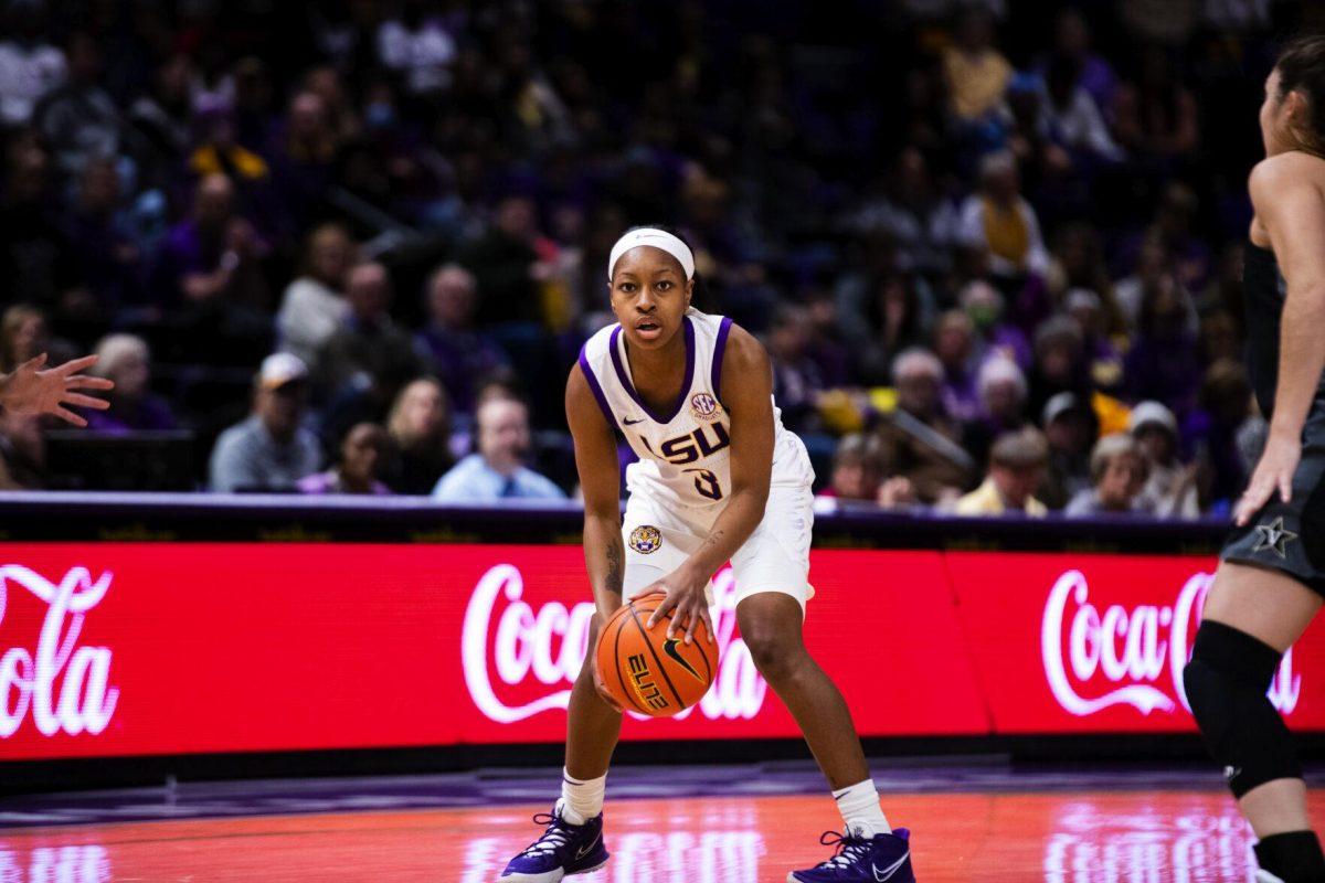 LSU women’s basketball graduate student guard Khayla Pointer (3) dribbles the ball Sunday, Jan. 16, 2022, during LSU’s 82-64 win against Vanderbilt in the Pete Maravich Assembly Center on North Stadium Drive in Baton Rouge, La.
