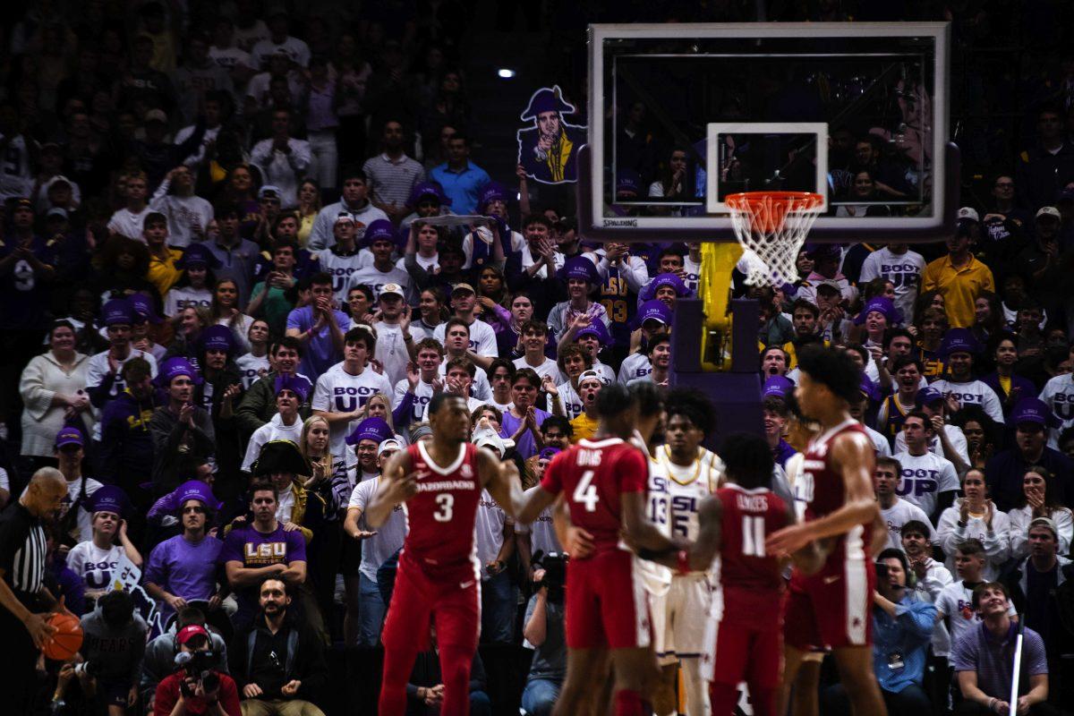 The LSU student section stands in support of the LSU men's basketball team Saturday, Jan. 15, 2022, during LSU&#8217;s 65-58 loss against Arkansas in the Pete Maravich Assembly Center on North Stadium Drive in Baton Rouge, La.