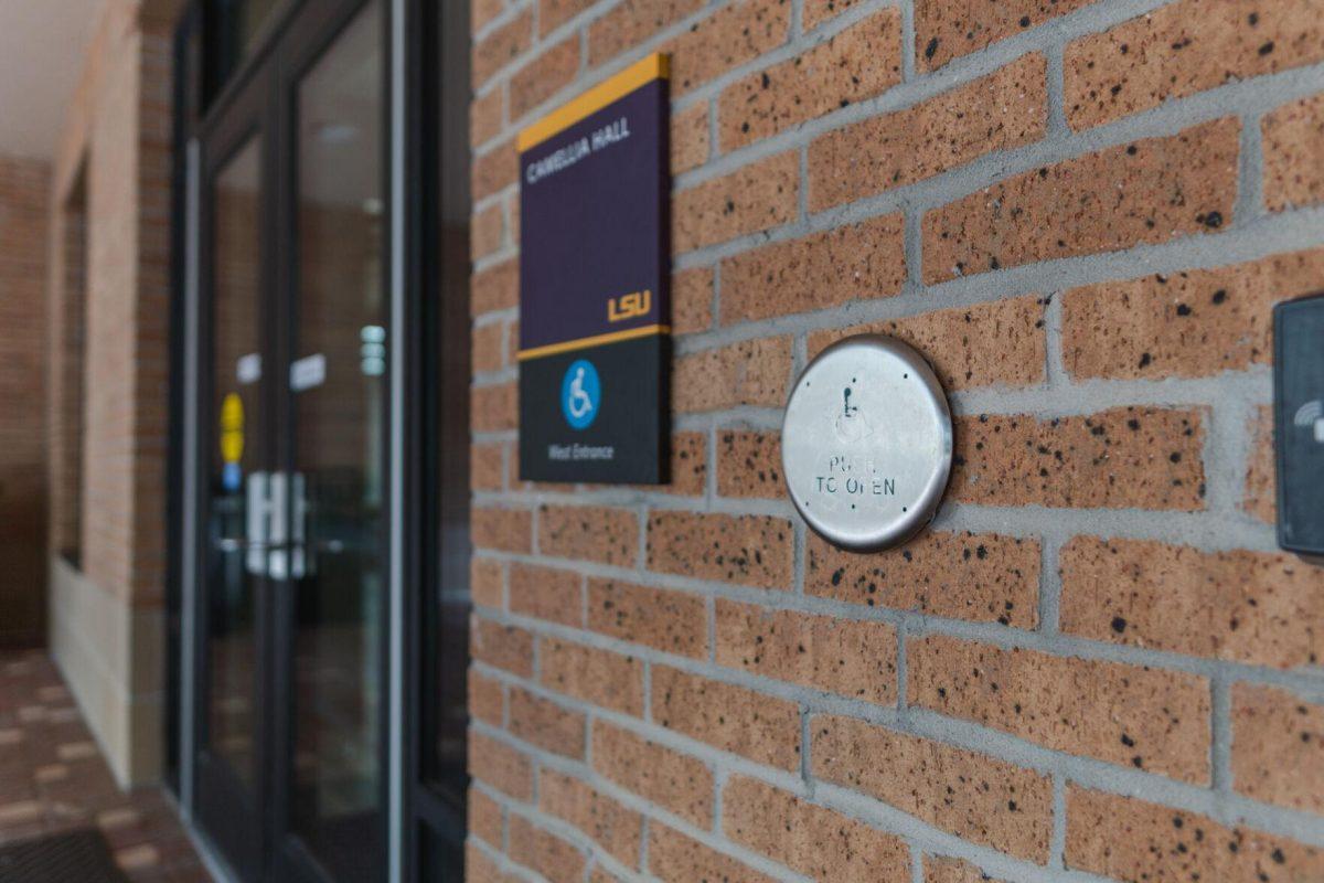 The &#8220;Push to Open&#8221; button shines in the sun on Monday, Jan. 24, 2022, at the entrance to Camellia Hall on Campus Lake Road in Baton Rouge, La.