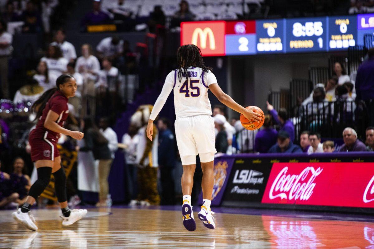 LSU women’s basketball fifth year senior guard Alexis Morris (45) dribbles the ball down the court Thursday, Jan. 06, 2022, during LSU’s 66-60 loss against South Carolina in the Pete Maravich Assembly Center on North Stadium Drive in Baton Rouge, La.