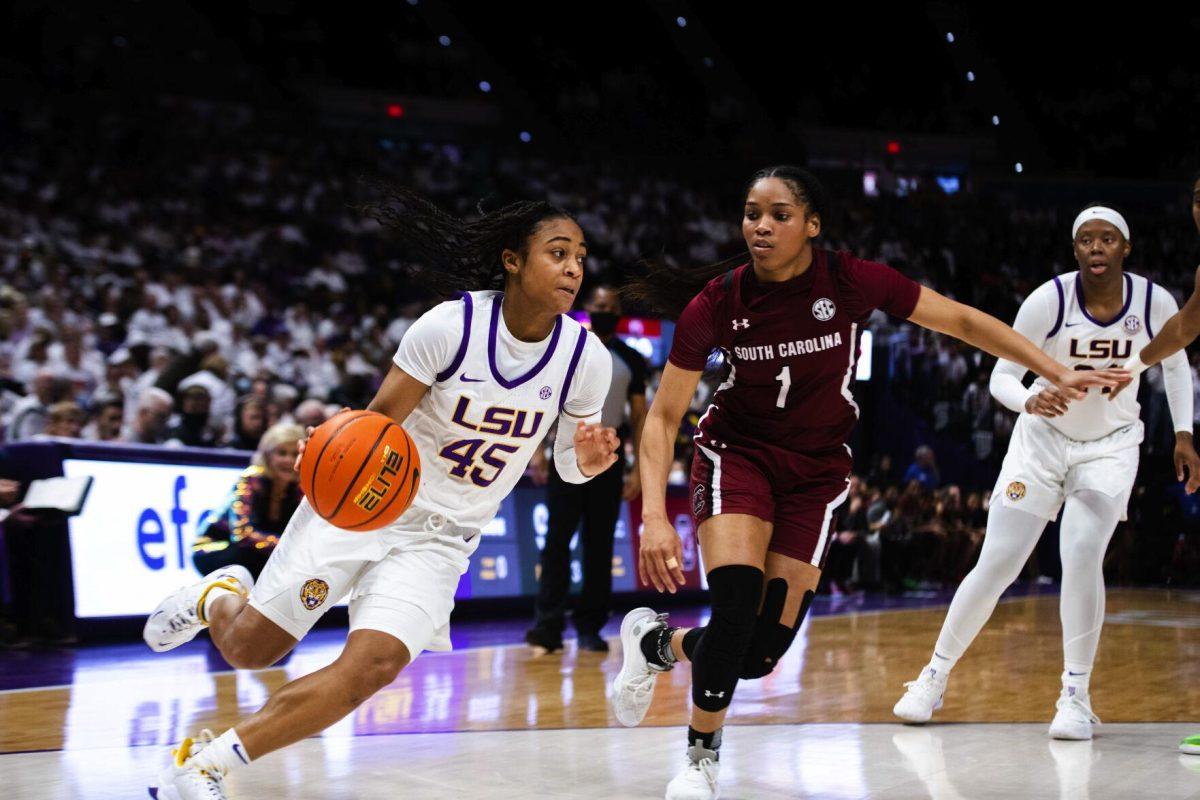 LSU women’s basketball fifth year senior guard Alexis Morris (45) drives towards the goal Thursday, Jan. 06, 2022, during LSU’s 66-60 loss against South Carolina in the Pete Maravich Assembly Center on North Stadium Drive in Baton Rouge, La.