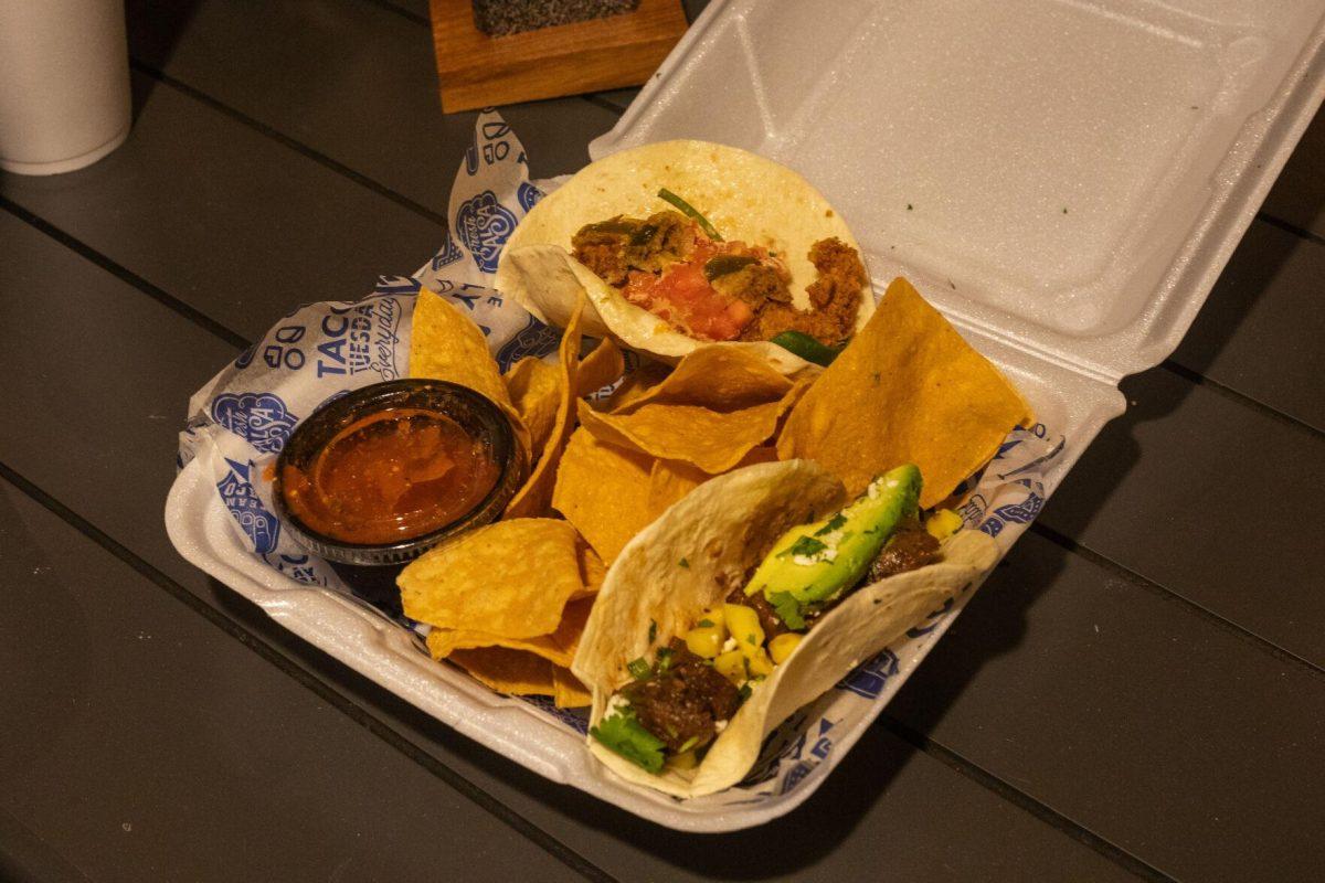 Tacos and chips sit in a to-go box at the patio Tuesday, Jan. 18, 2022, at Rock Paper Taco on 166 W Chimes St. in Baton Rouge, La.