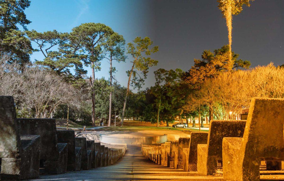 The Sun shines on concrete seats on Thursday, Jan. 27, 2022, while an orange glow covers the seating on the night of Wednesday, Jan. 26, 2022, at the LSU Amphitheatre on Dalrymple Drive in Baton Rouge, La.