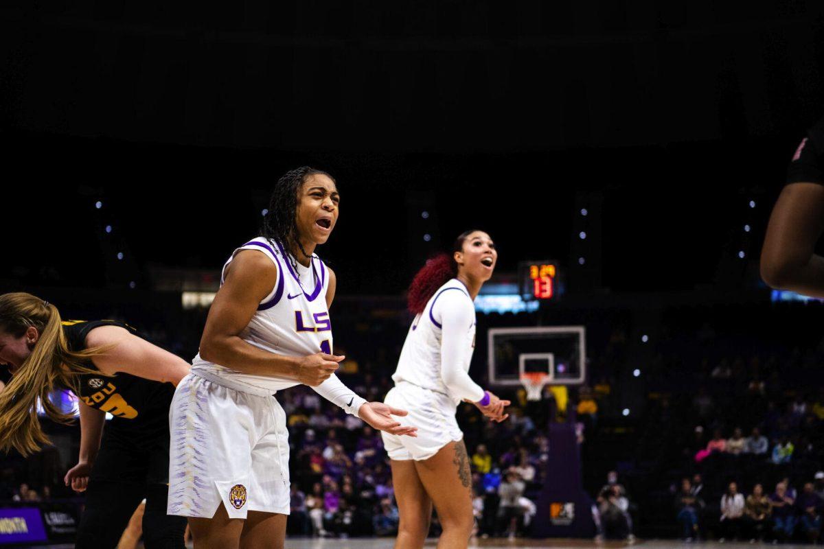 LSU women’s basketball senior guard Alexis Morris (45) disputes a foul called against her Thursday, Jan. 13, 2022, during LSU’s 87-85 overtime win against Missouri in the Pete Maravich Assembly Center on North Stadium Drive in Baton Rouge, La.