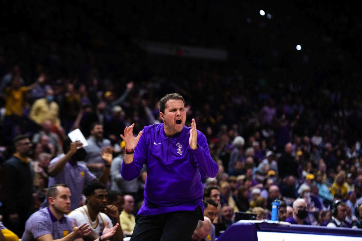 LSU men's basketball head coach Will Wade yells in frustration after a call is made against LSU Saturday, Jan. 15, 2022, during LSU&#8217;s 65-58 loss against Arkansas in the Pete Maravich Assembly Center on North Stadium Drive in Baton Rouge, La.